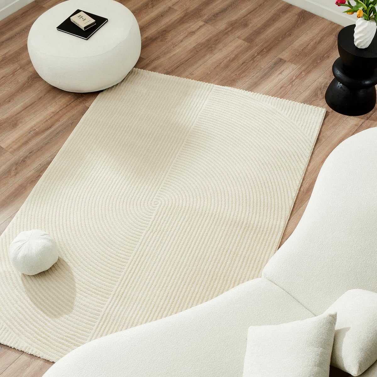 Nazar Tapis Salon et Chambre Doux, Uni et Géométrique, Rectangulaire, Blanc et Beige, Grand, 200x290 cm, 159 crème