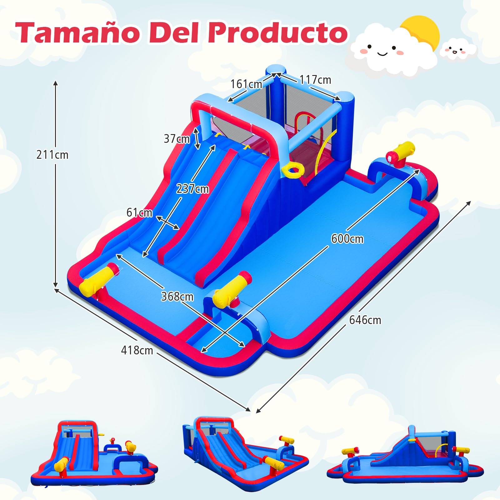 COSTWAY Castillo Hinchable Acuatico, 9 en 1 Castillo Hinchable para niños 3-5 Años con 3 Niños, 646 x 418 x 211 cm, Seco y Agua, Insuflavel Crianças Interior Exterior (con soplador de 950W)