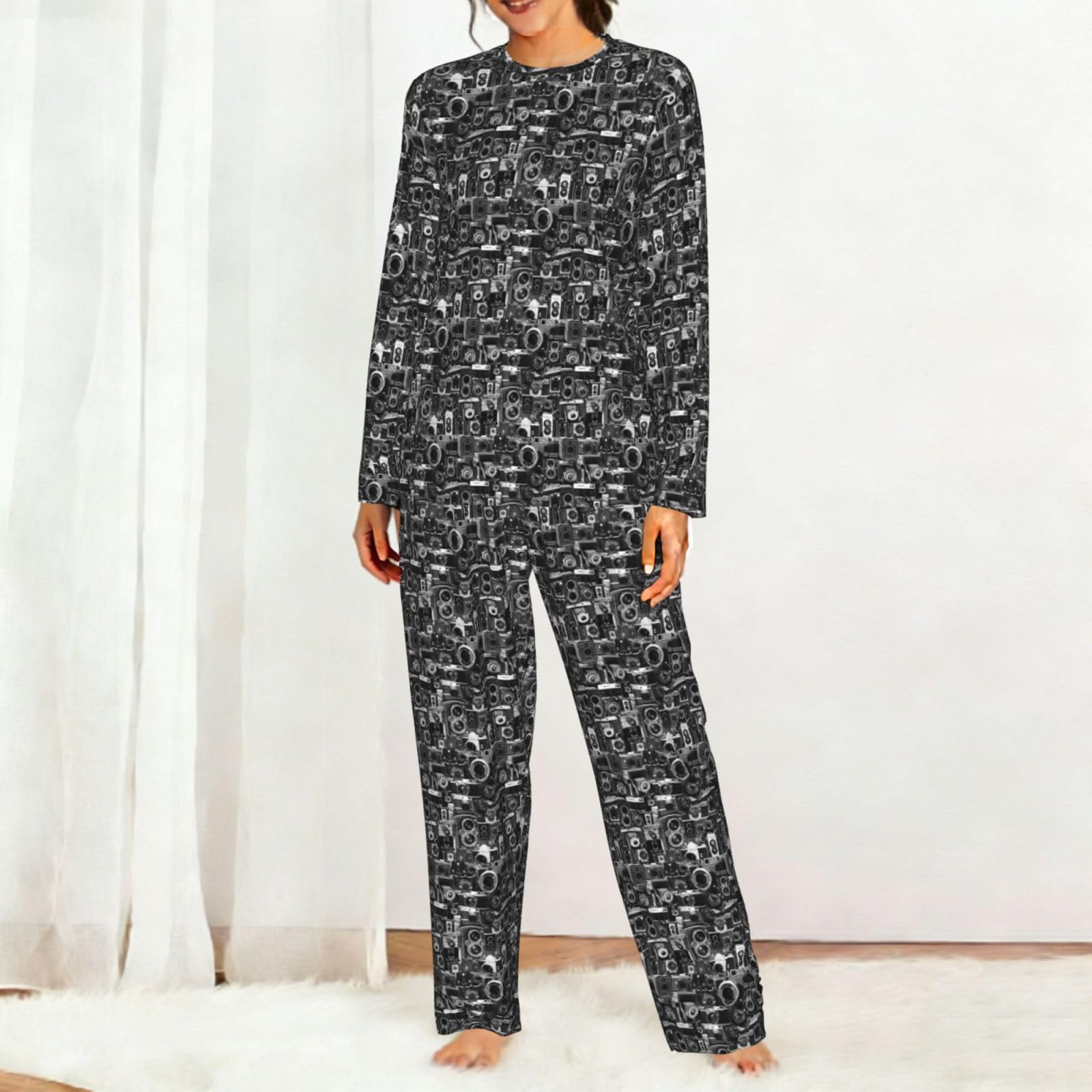 Cool Camera Collection Stampa Donna Manica Lunga Pigiama Corrispondente Morbido Elastico Coulisse Casual Daywear