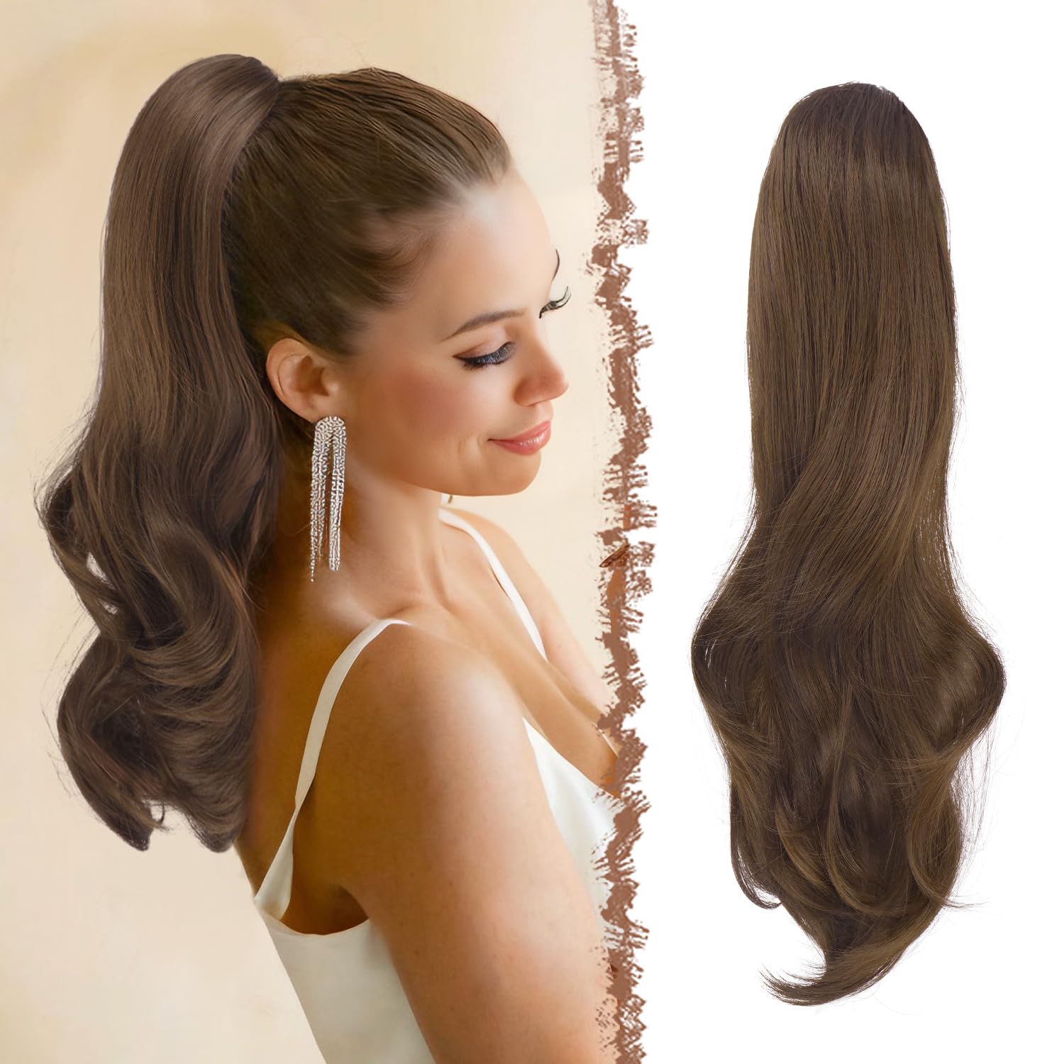 FESHFEN Coda Capelli Extension con Coulisse, Naturali Ondulati Lunga Ricci Posticci Sintetici Marrone Multiplo Coda Cavallo Extensions Posticci Capelli per Donna, 50 cm