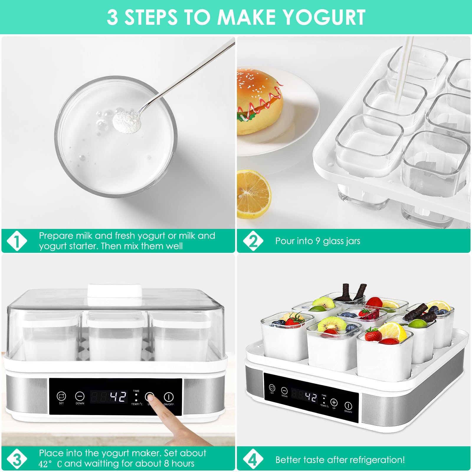 Joghurtbereiter, Automatischer Digitaler Joghurt Maker, Griechischer Joghurtmaschine mit Temperatur- und Timer, mit 9 170 ml Joghurtbechern, Perfekt für den Heim-Bio-Joghurt, BPA-frei, 40 W