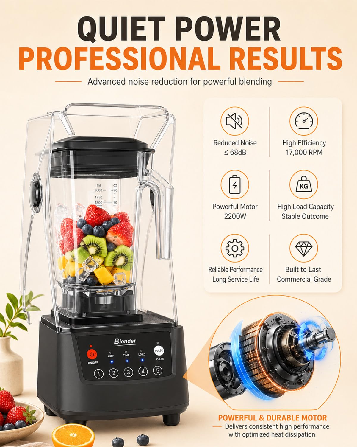 Batidora Comercial para Batidos, 2200W, 2L, 5 Modos, con Cubierta | Procesa Recetas Diarias con una Batidora Profesional para Smoothies, Batidos, Zumos, Salsas, Purés y Postres en Cafés y Bares