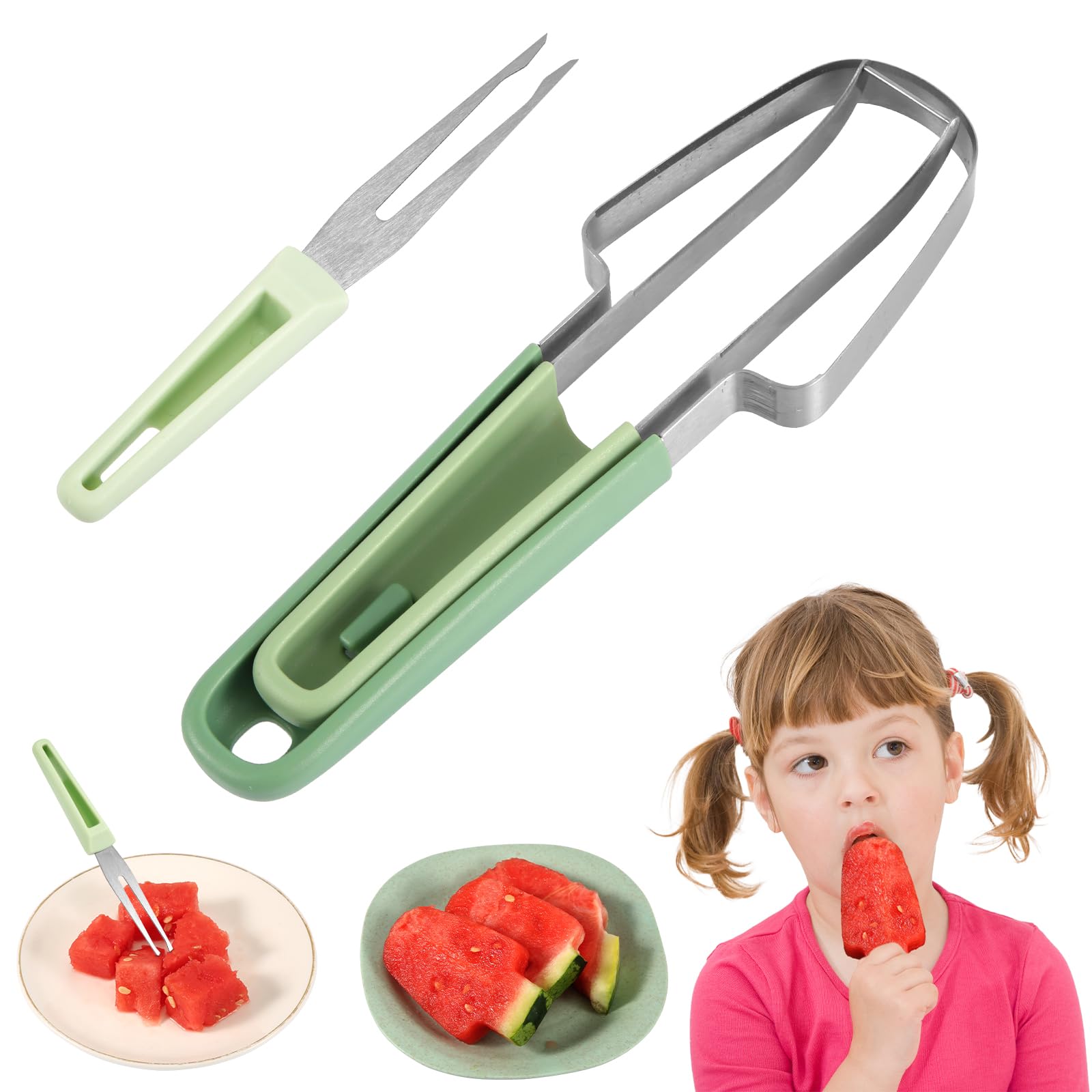 3-in-1 Watermelon Fork Slicer Cutter, Stainless Steel Watermelon Slicer Fork Melon Cutter Knife Fruit Watermelon Cutting Tool Multifunctional Portable Home Kitchen Gadgets (Green)
