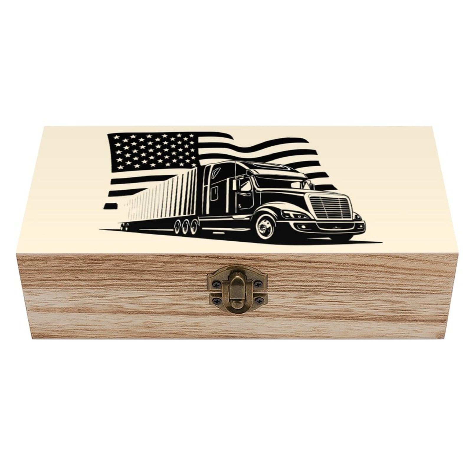 Flag USA Truck Wooden Box with Hinged Lid Decorative Storage Case Container