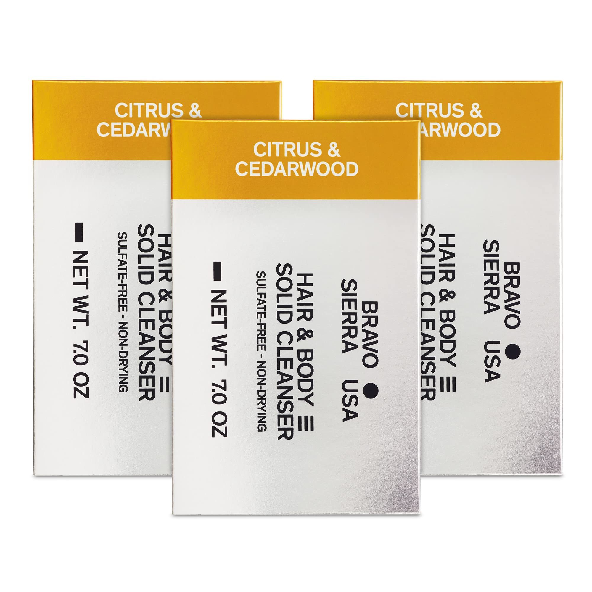 Bravo Sierra All-In-One Citrus & Cedarwood Men's Body and Hair Bar, 3-Pack - Coconut, Shea Butter & Oat Flour for Soft Skin & Healthy Hair, 7 oz