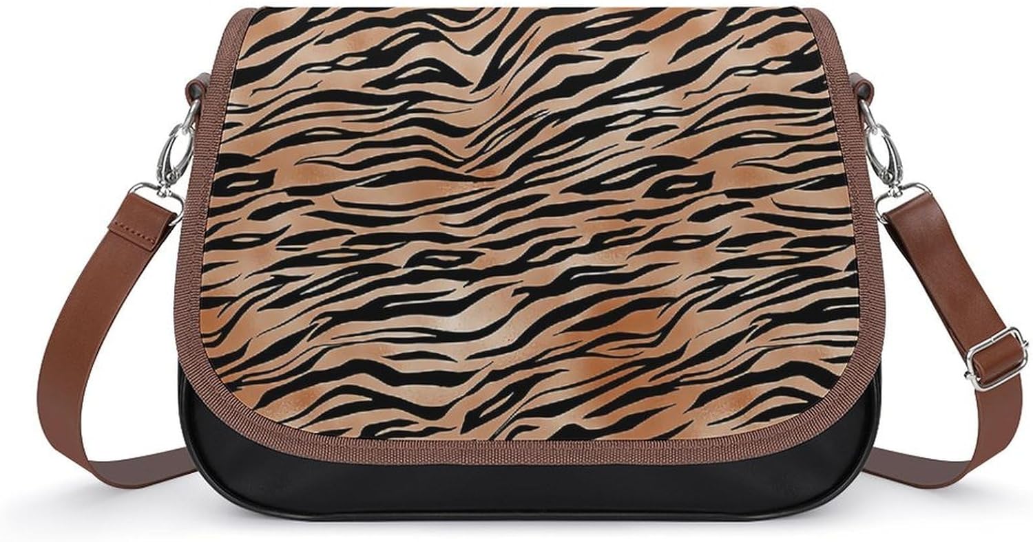 Black Orange Tiger PrintWomen's Faux Leather Crossbody Bag, Waterproof Wrinkle-Resistant Shoulder Bag with Detachable Strap, Large Capacity Casual Handbag, Fashion Daily Purse for Shopping Work Dating