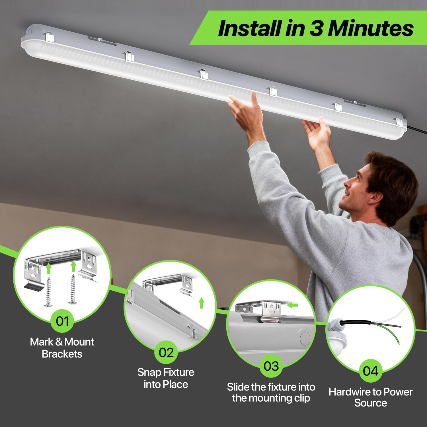 Glitgate 4FT Vapor Tight Led Light Fixture 4Pack, 60W/50W/40W/30W Selectable, 6600LM 6000K/5000K/4000K Adjustable Shop Light IP65 Waterproof, 120V Hardwired Lights for Garage, Workshop, ETL Listed