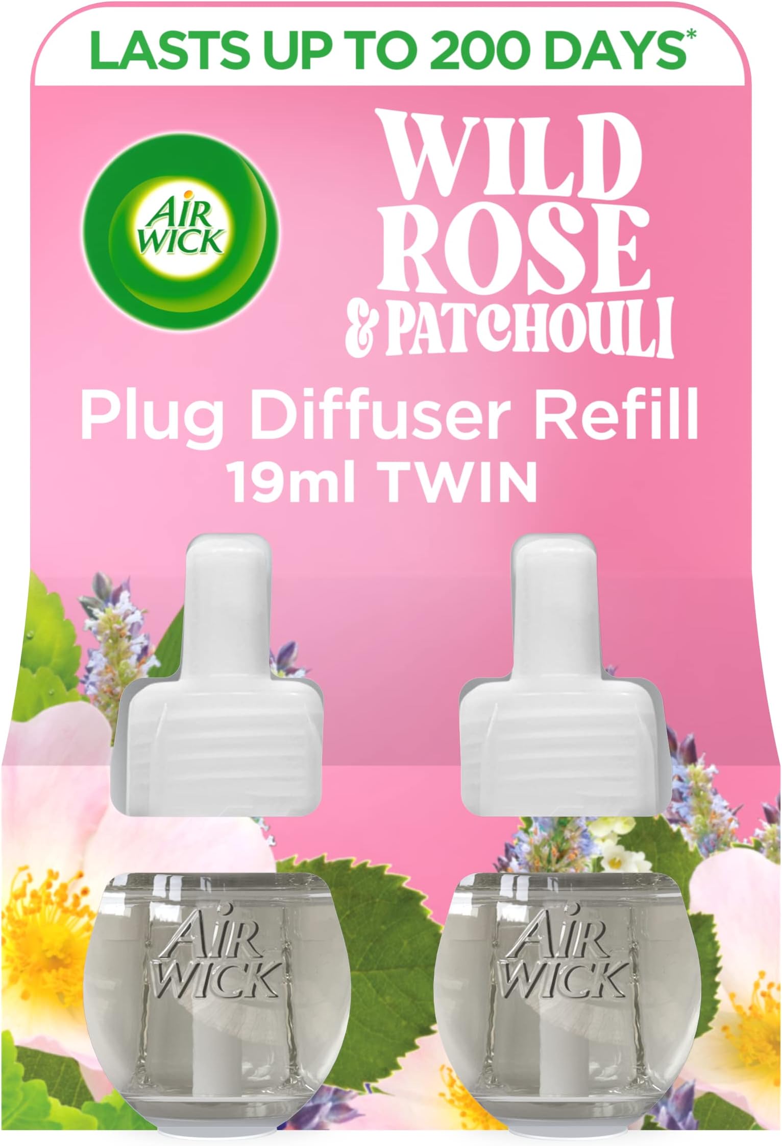Airwick Air Freshener Plug In Diffuser Refill| Room Air Freshener|Fragrance : Wild Rose and Patchouli| Contains : 2 x 19ml| Usage: Lasts Upto 500 days (100 Days per refill)