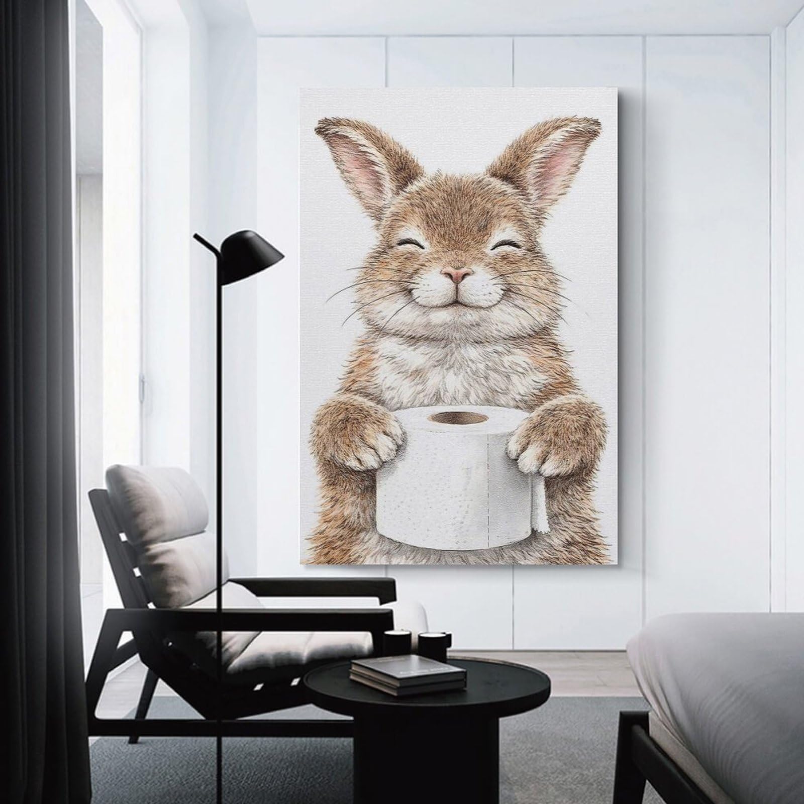 Junmoney Canvas Art Print Happy Bunny Holding Toilet Paper, 08x12inch(20x30cm), for Calm Bedrooms, Home Corners Or Flats, A Warm Accent for Relaxed Interiors