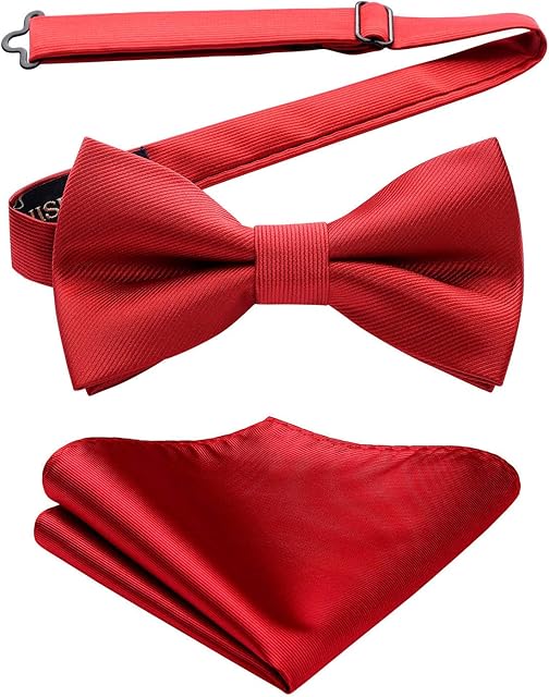 HISDERN Bow Tie for Men Solid Color Pre-tied Bow Tie Adjustable Tuxedo Two Layer Bow Tie and Pocket Square Set with Gift Box