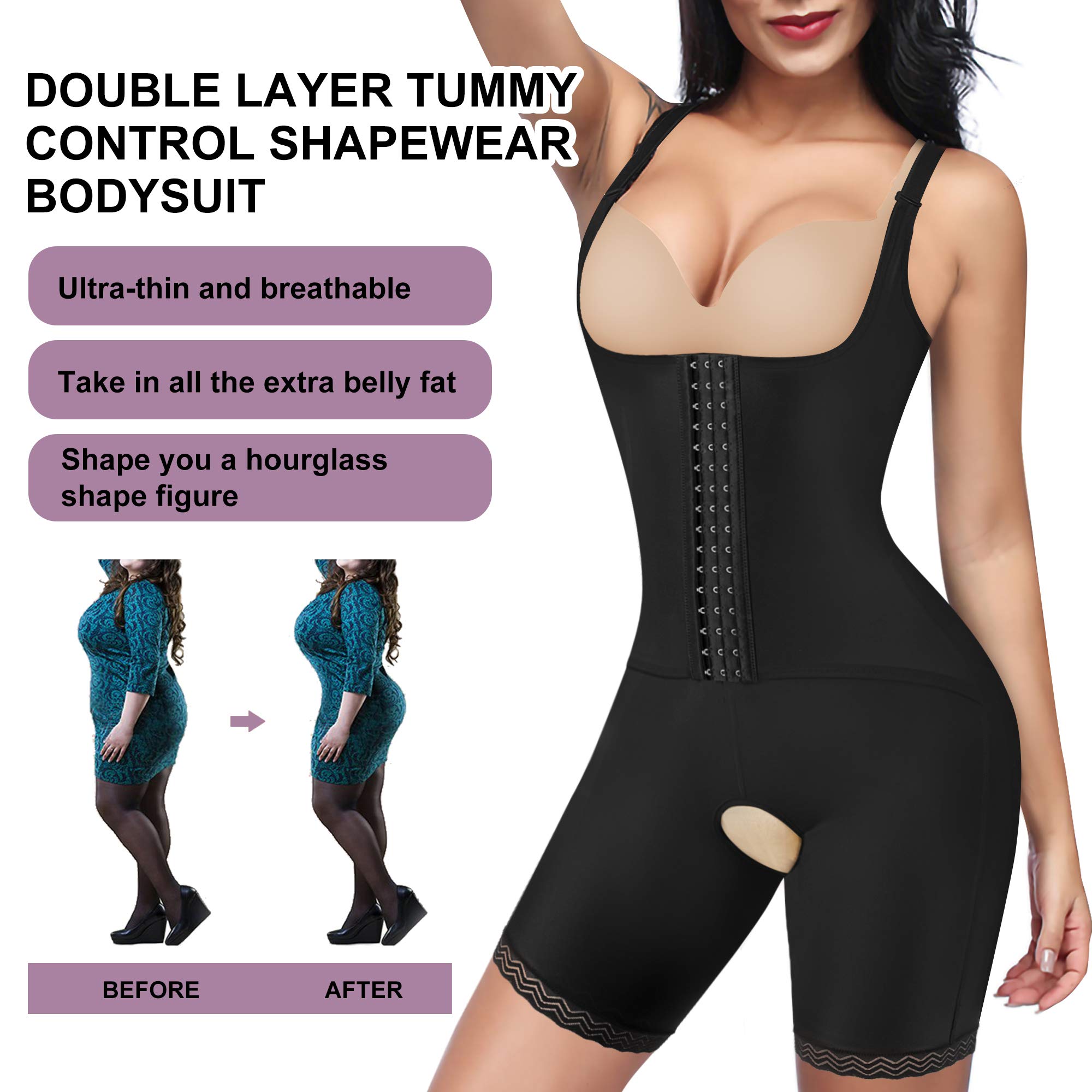 Gotoly Body moldeador para mujer, doble control de abdomen, levantamiento de glúteos, cintura alta, moldeador de cuerpo completo