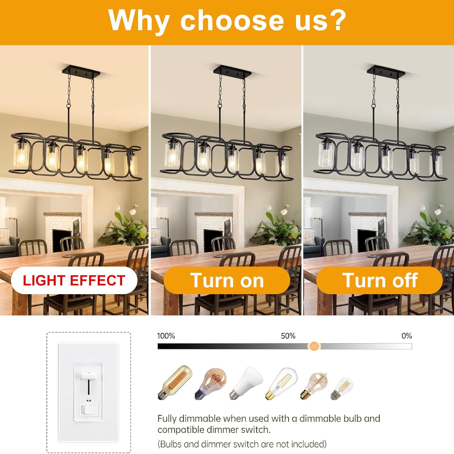 40" Dining Room Light Fixture/Chandelier Over Table, 5-Light Black Kitchen Island Lighting with Clear Glass Shade Farmhouse Linear Hanging Pendant Lights Fixture for Kitchen Island Dining Room‌ Bar