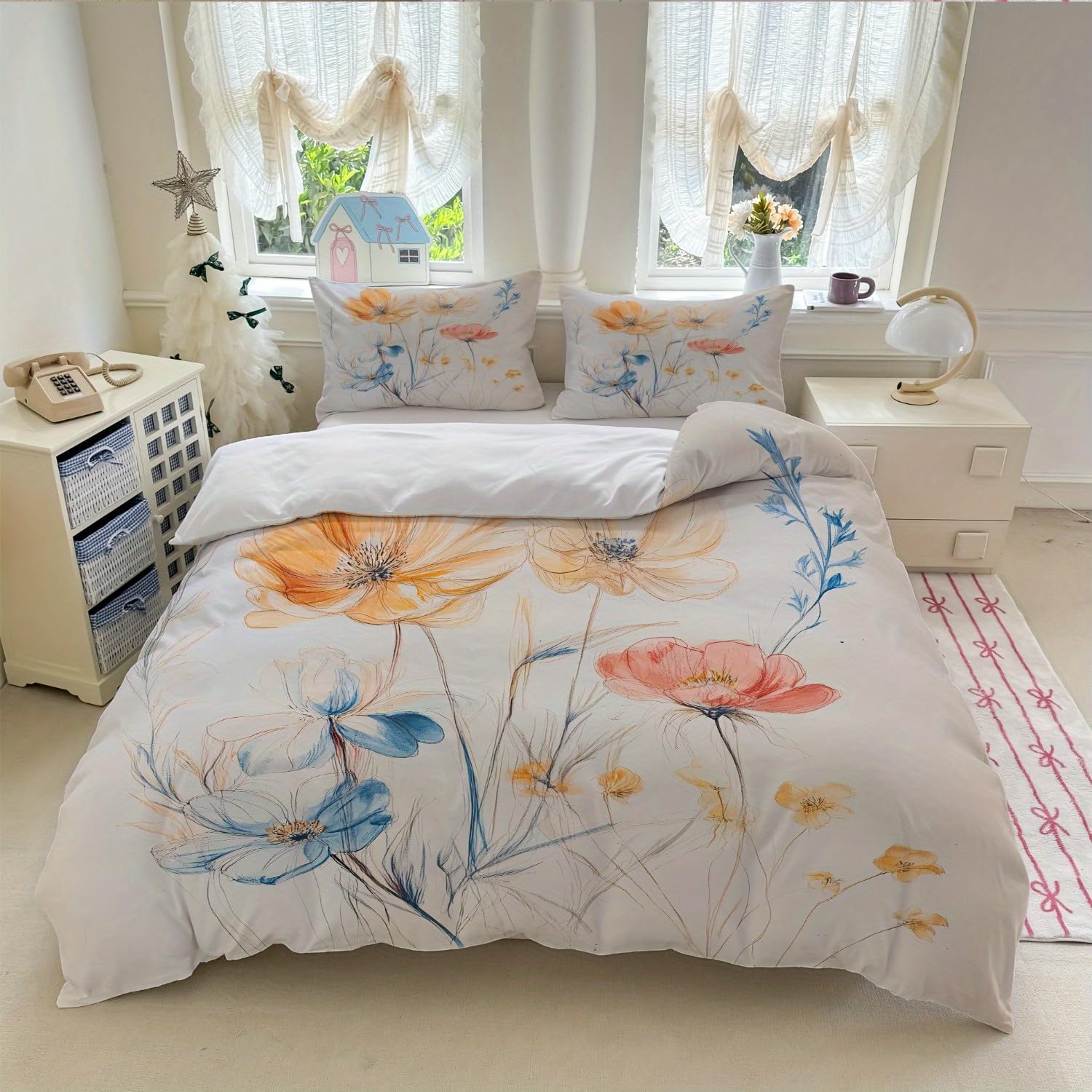 Parure de lit motif floral aquarelle 3 pièces pour un lit infroissable et chic