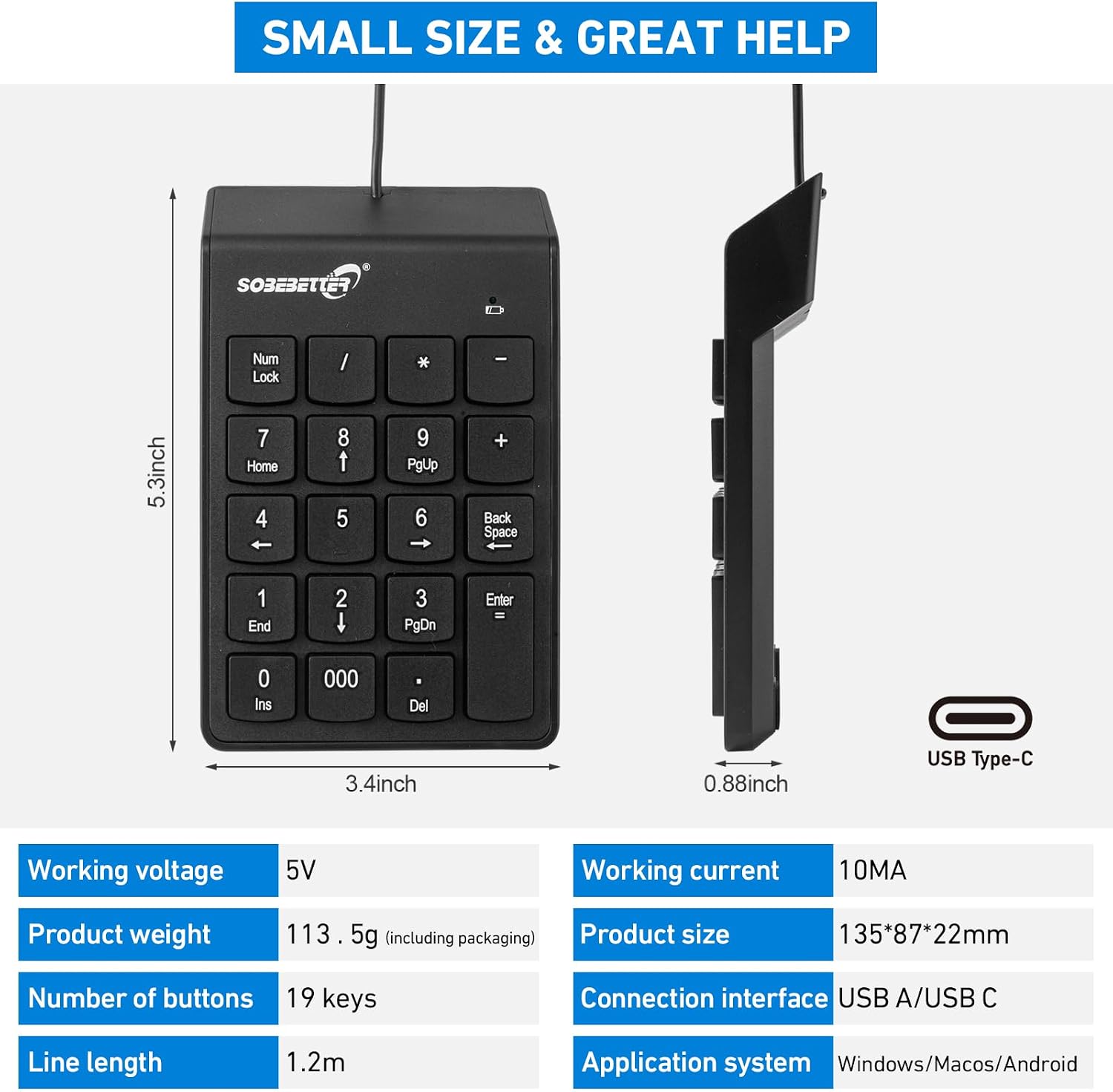Type C Number Pad, USB Numeric Keypad 19 Keys Plug & Play Financial Accounting Numpad Office Home Portable Mini Keypad Slim Number Keyboard for Laptop Phone PC Tablet Notebook (Black)