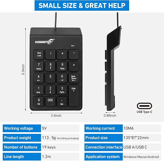 Type-C & USB-A Number Pad Black Wired Numeric Keypad for Computer