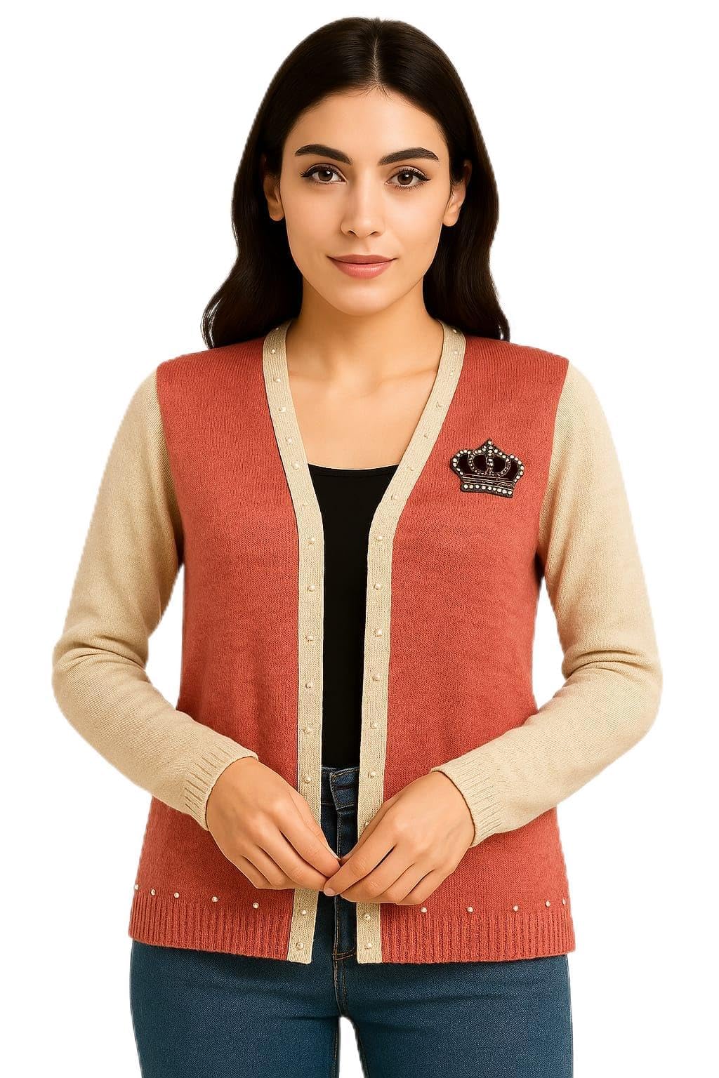 Women's Cotton Knit Cardigan with Crown Embellishment, Coral Pink and Cream, Full Sleeve, Pearl Details, Regular Fit,Office, Casual-image-1