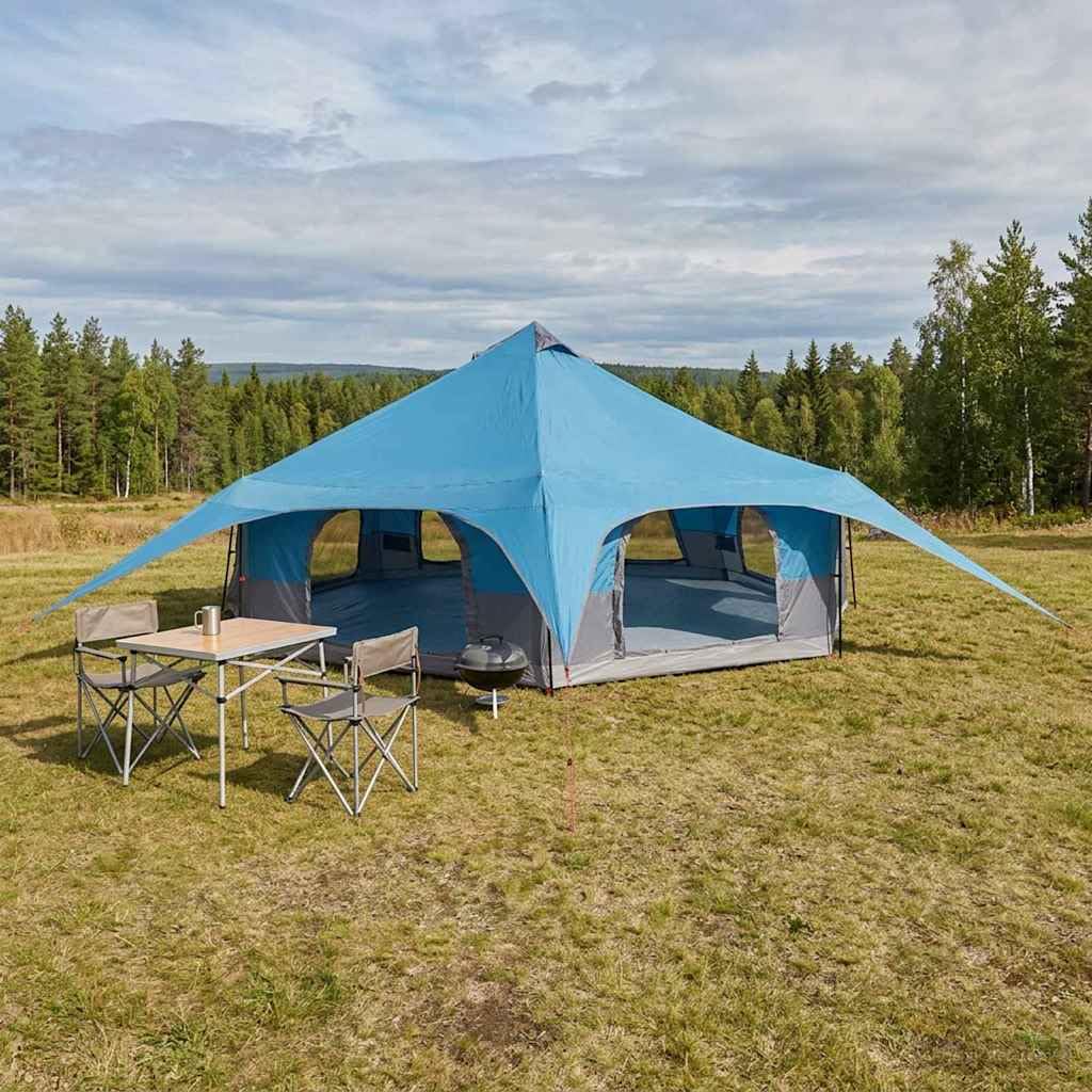 Namiot rodzinny, niebieski, dla 18 osób, poliester 185T, powłoka PU, stelaż z włókna szklanego z wentylacją siatki, namiot kempingowy na plażę, kemping, festiwal, ochrona przed deszczem