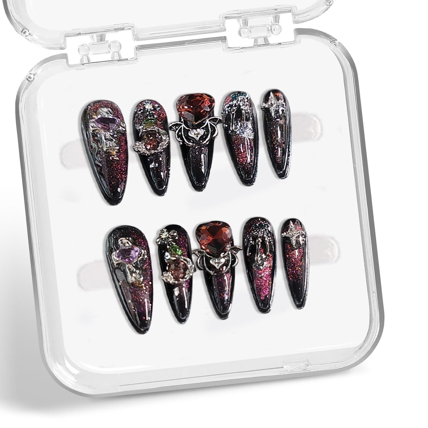 Handmade Press on Nails Medium Almond Fake Nail Halloween 3D Spider and Silver Spider Web Designs Black French Tip Stick on Nails Red Heart Thick False Nails for Women (S)