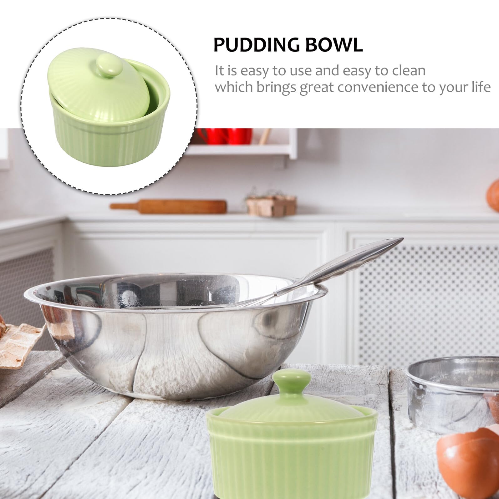 Grüne Keramik Souffléform mit Deckel für Kinder, 1 Stück | Feine Verarbeitung, Sichere Kanten ohne Grat, Backofen Geeignet, Hübsch und Natürlich im Look