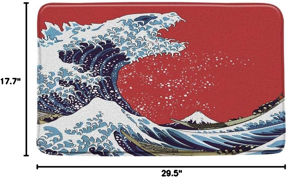 Sunhe Japanese Great Wave Bath Mat,Blue Vintage Japan Hokusai Great Wave of Kanagawa Ocean Retro Red Creative Print Microfiber Memory Foam Home Office Door Bathroom Mat/Bath Rugs image 3