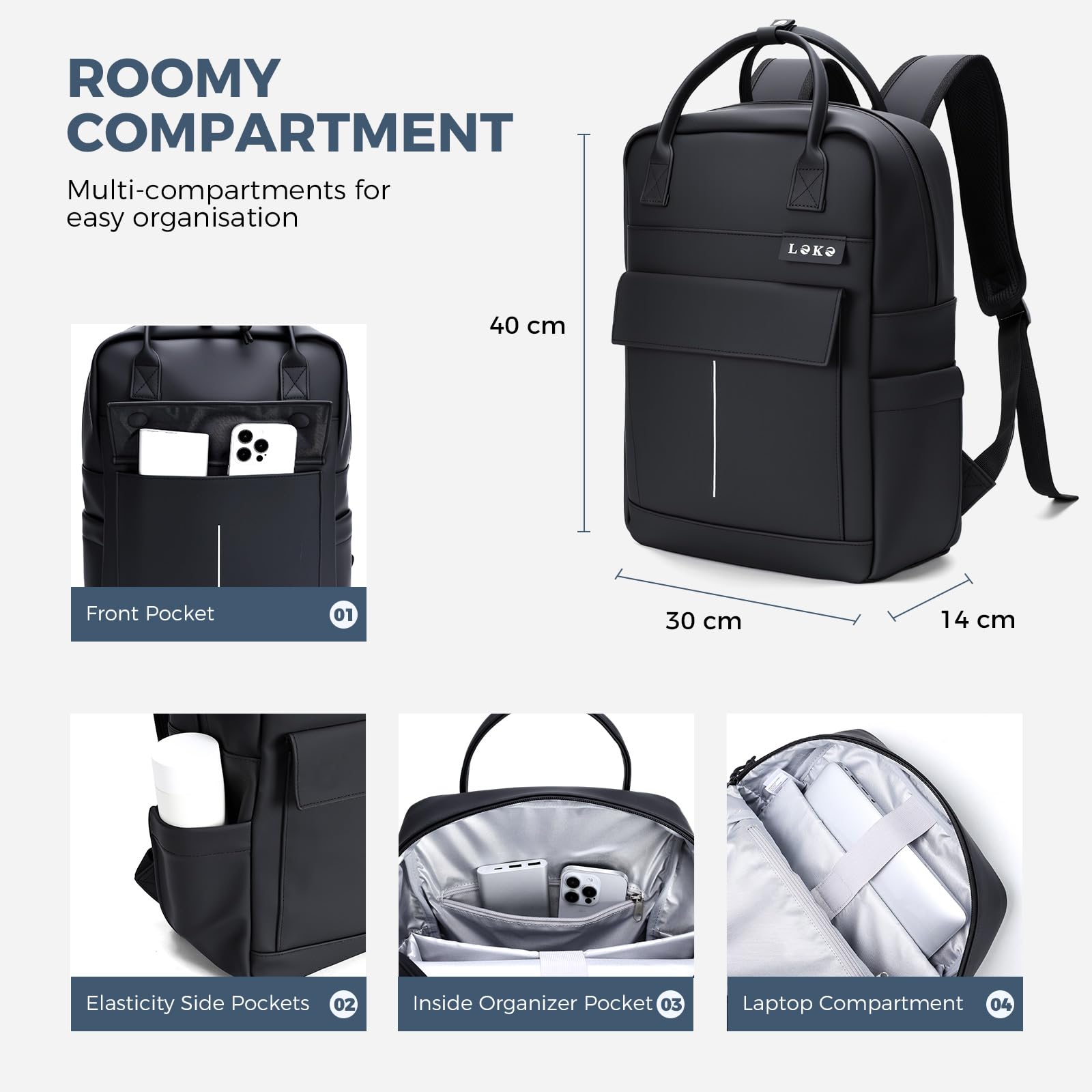 Zaino Impermeabile per Donna e Uomo, Zaini Porta PC in Pelle 15.6 Pollici, Grande Zaino da Viaggio Rains Zaini, Elegante Borsa Lavoro Donna per Scuola Casual Università Ufficio
