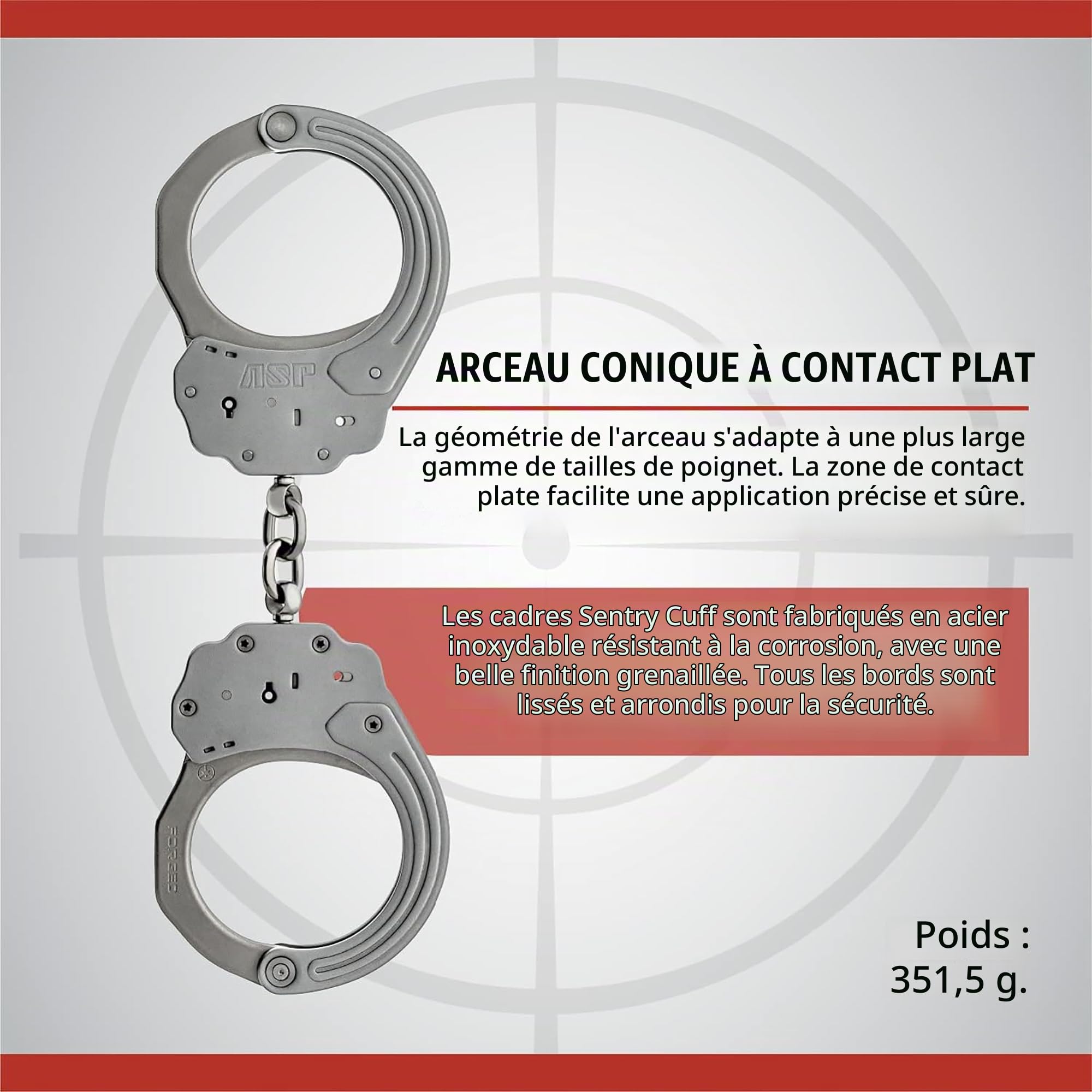 ASP Sentry Menottes de qualité Professionnelle avec Cadres en Acier Inoxydable, nœuds en Acier forgé, passages de clavette Double Face et Fentes à Double Verrouillage pour équipement et équipement