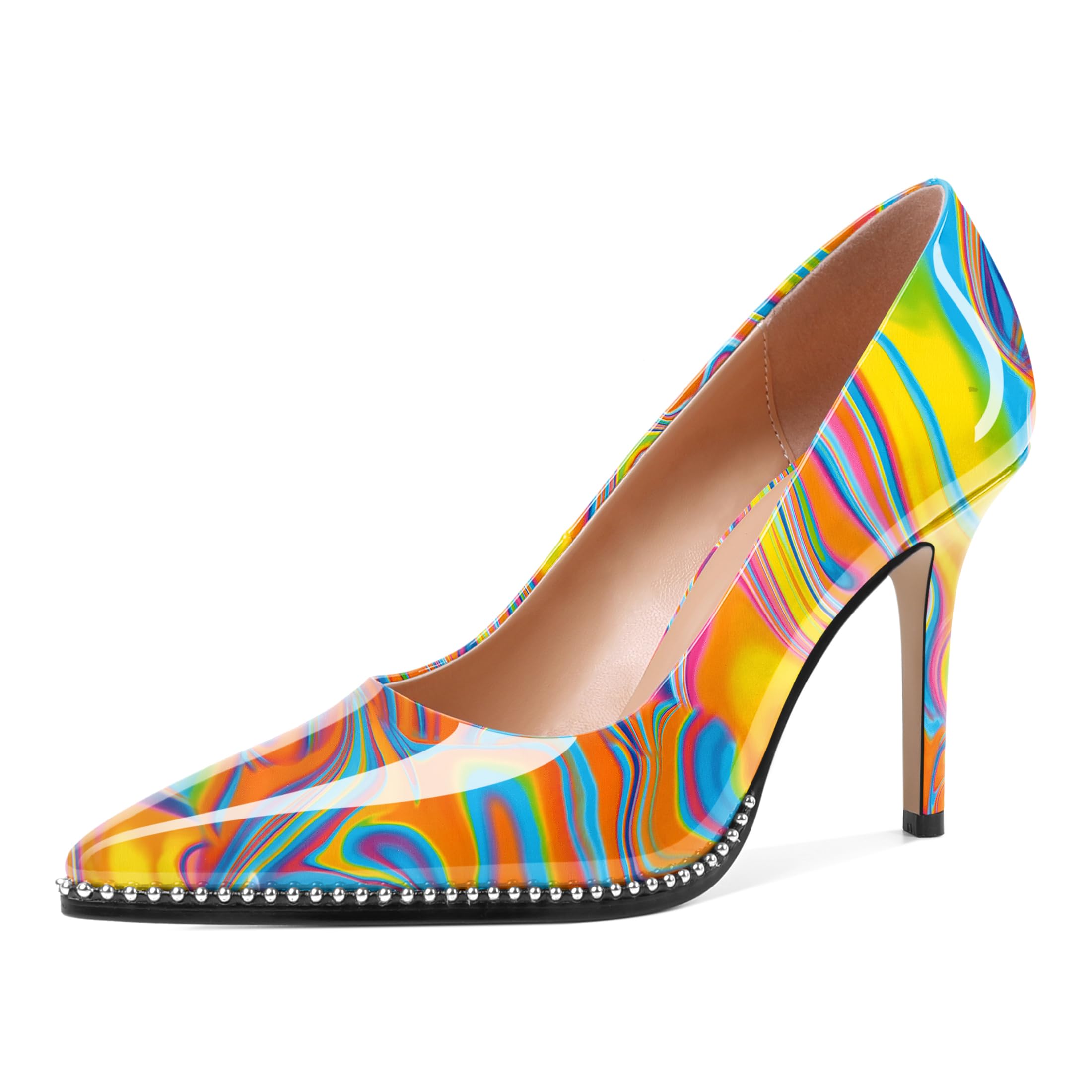 SAMMITOP Women Beaded Pumps Closed Pointed Toe High Heel Slip On Stilettos 3.5 Inch Sexy Heeled Dress Shoes Patent Leather