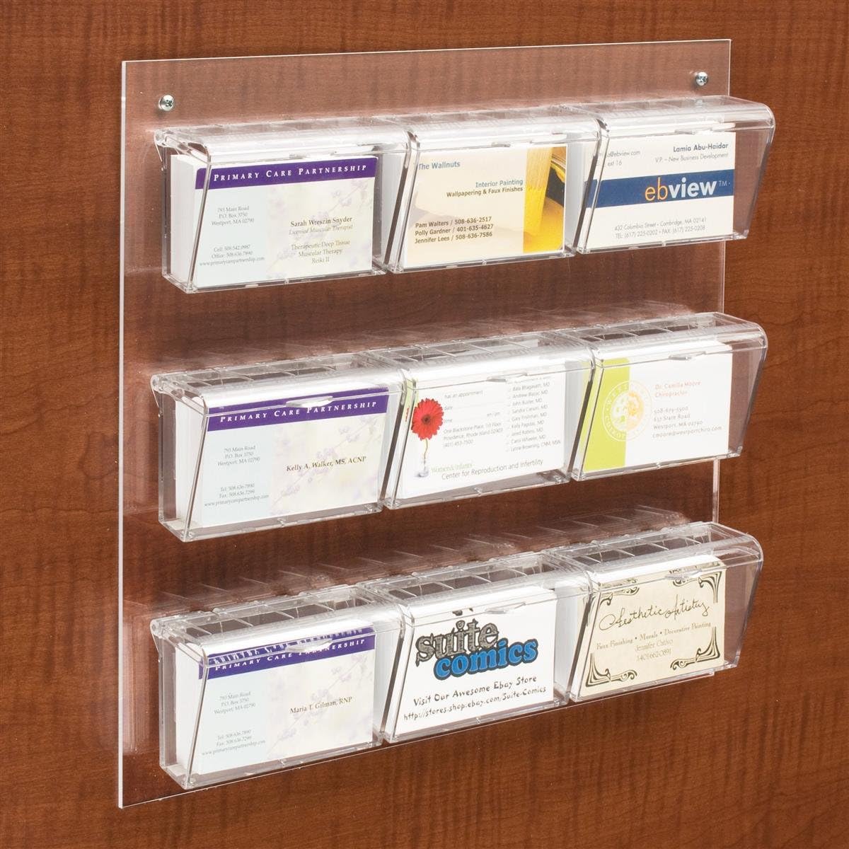 Displays2go Wall Mount Business Card Holder, 9Pocket, Indoor/Outdoor