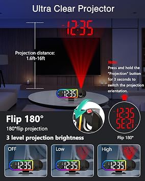 ORIA Projection Alarm Clocks for Bedrooms, 8.5 Digital Clock with 180 Rotatable Projector, 17 RGB Night Light & 3-Level Dimmer, Snooze, Temperature, for Home, Bedside, Ceiling, Wall