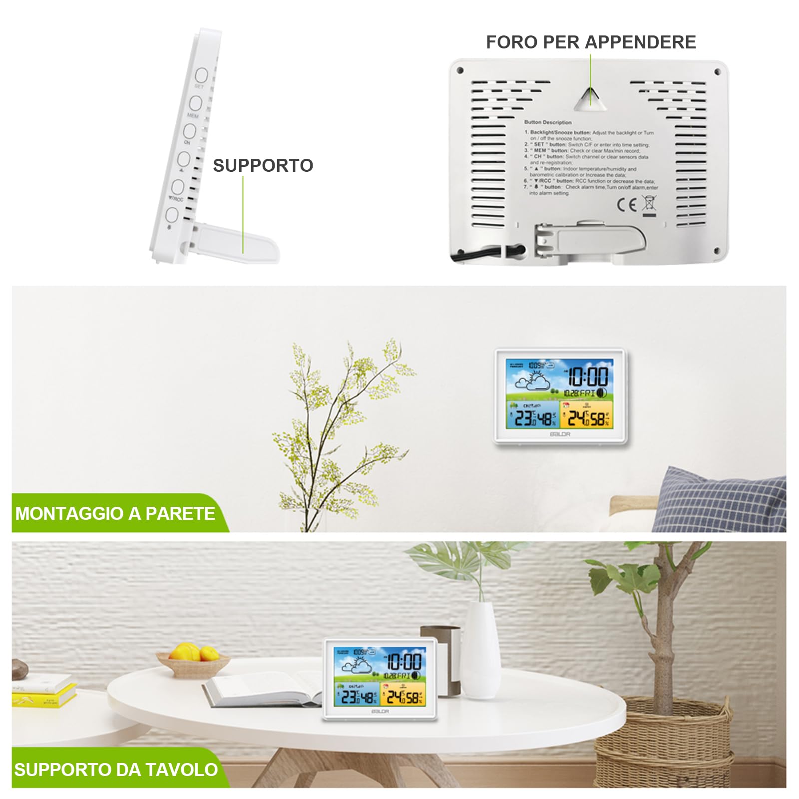 LEVIPE Stazione Meteo con Sensore Esterno,Display a Colori, Termoigrometro Interno/Esterno, Barometro Previsioni Meteo, Oradio Radio Controllata, Allarmi – Perfetta per Casa, Ufficio, Giardino