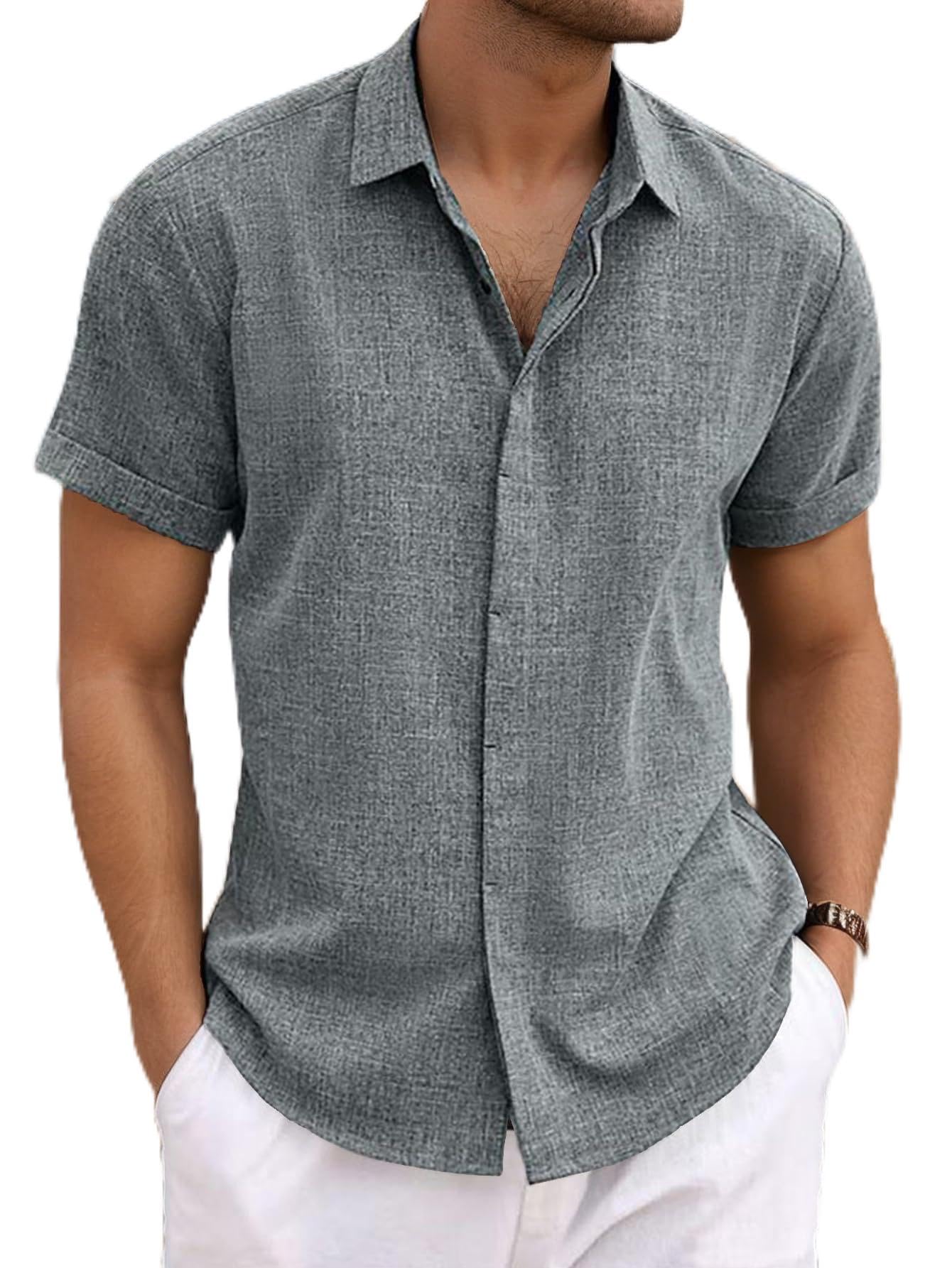 Camisa masculina de linho de manga curta casual com botões para homens verão praia casamento camiseta leve masculina casual
