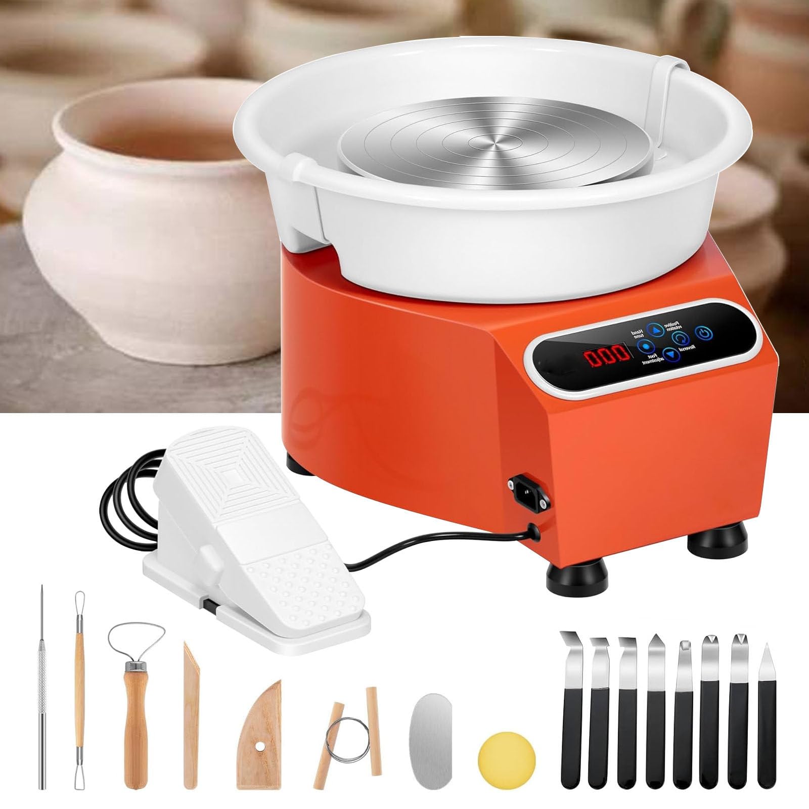 FBJAMZ Electric Pottery Wheel,Foot Pedal,Touch Screen DIY Clay Tool Kit with 16 Accessories, Forward/Reverse Rotation, Ideal Ceramic Artists (Orange)