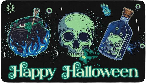 Mloabuc Happy Halloween Door Mat Outdoor Black Witchy Doormat Halloween Welcome Mats for Front Kitchen Mat Outdoor Indoor Heavy Duty Non-Slip Rubber, 17 x 30 Inch