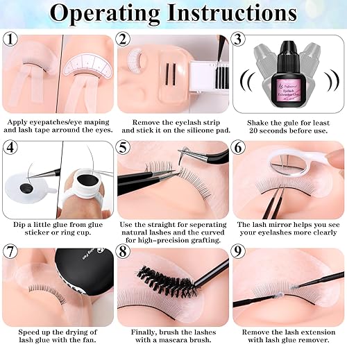 Miniatura 6 de Kit de extensión EyeLash para principiantes, kit profesional de práctica de extensión de pestañas con todo, cabeza de maniquí, pegamento de pestañas