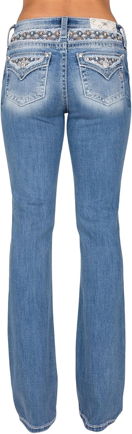 Miss Me Women’s Abstract Pattern Applique Faux Flap Pockets Mid-Rise Bootcut Jeans
