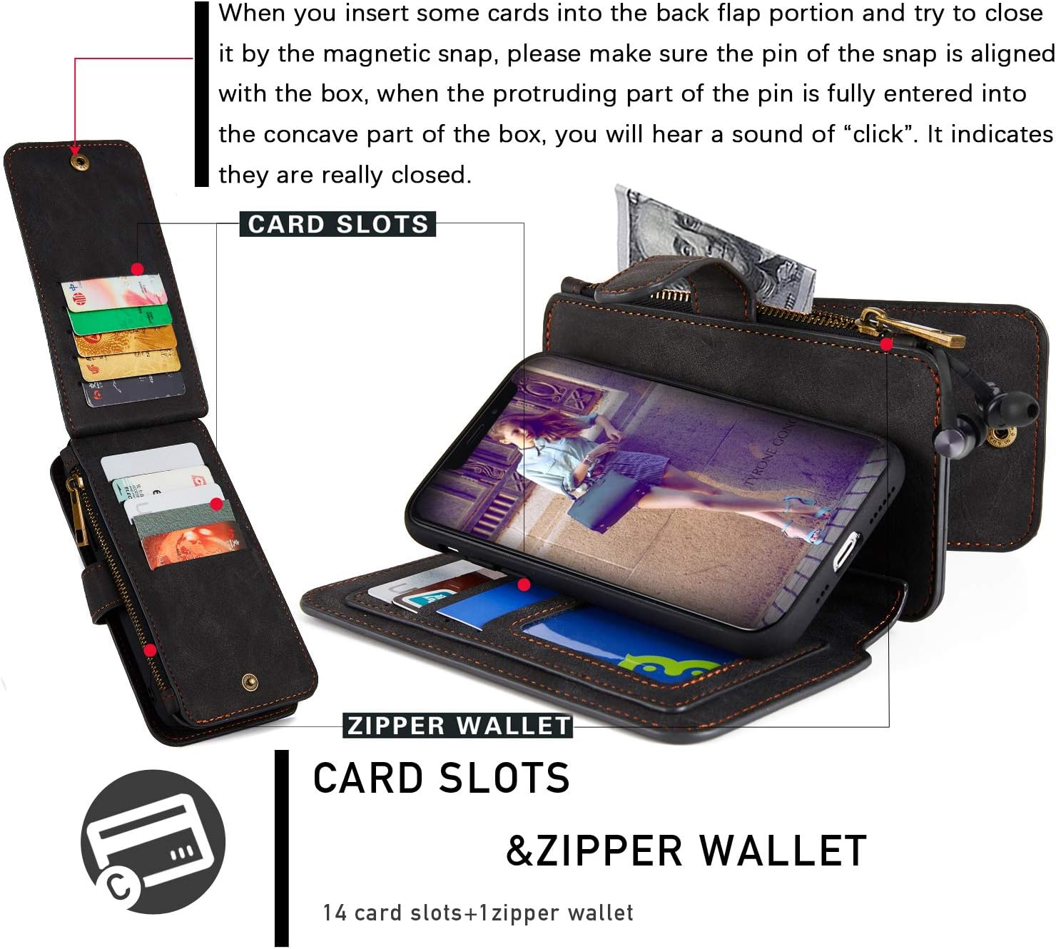 MODOS LOGICOS Case iPhone 11 Pro Max, [Detachable Wallet Folio][2 in 1][Zipper Cash Storage][Up to 14 Card Slots 1 Photo Window] PU Leather Purse with Removable Inner Magnetic TPU Case - Black image 3