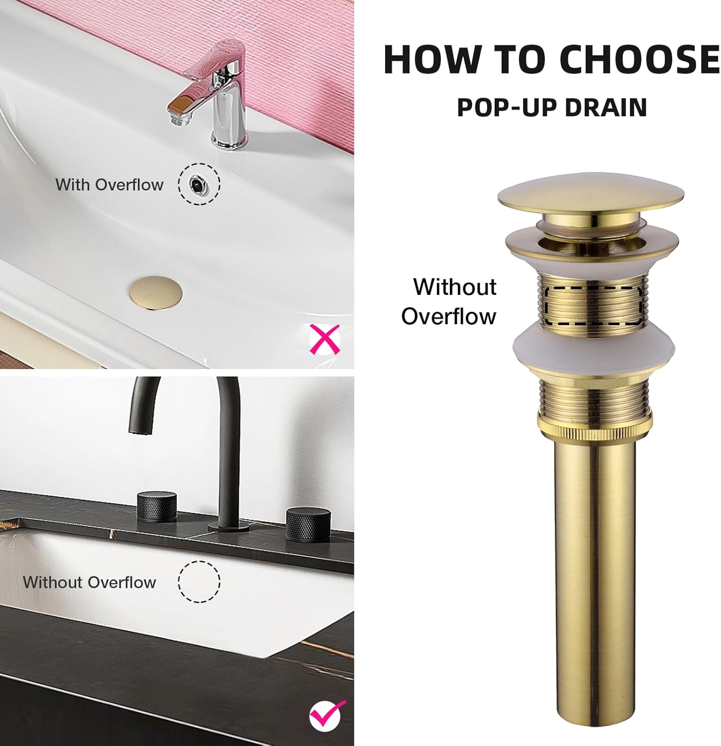 Pop Up Sink Drain Without Overflow, Bathroom Sink Pop Up Assembly Vessel Sink Drain, Brushed Gold