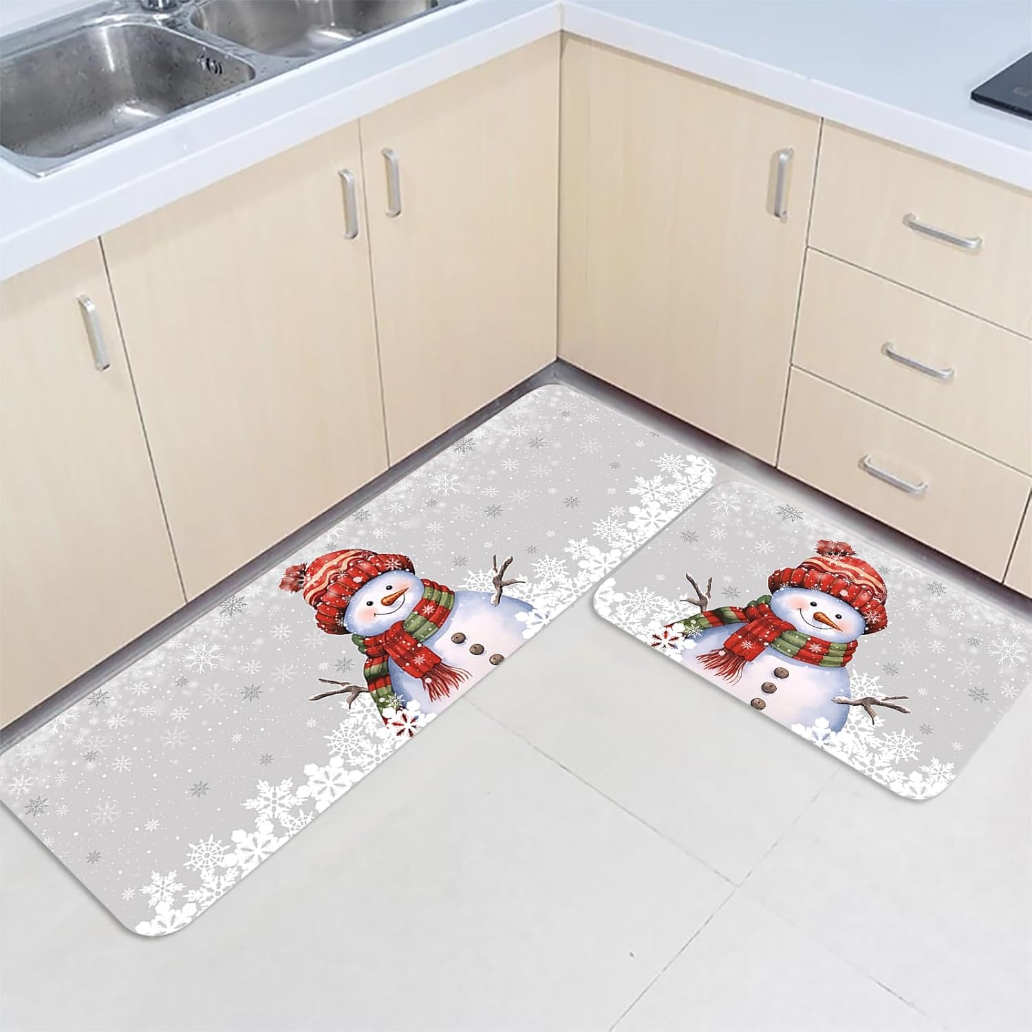 2 Piece Non-Slip Kitchen Mat Runner Rug Set Doormat Christmas Snowman with Cap Xmas Tree Snowflake Grey Door Mats Rubber Backing Carpet Indoor Floor Mat (15.7" x 23.6"+15.7" x 47.2")