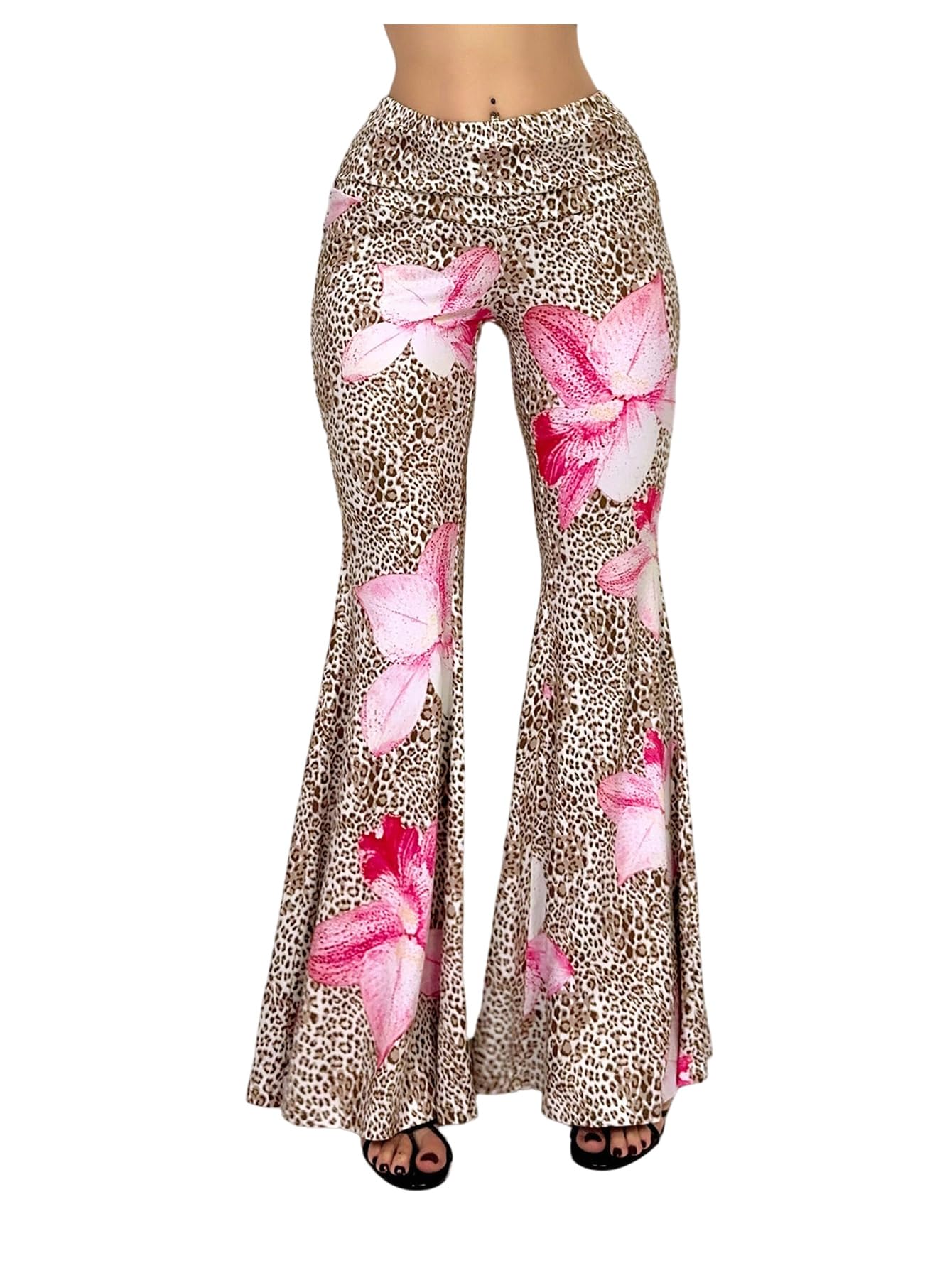 OYOANGLE Womens Leopard Floral Flared Pants Y2K Ruched Ruffle Bell Bottom Trousers Streetwear