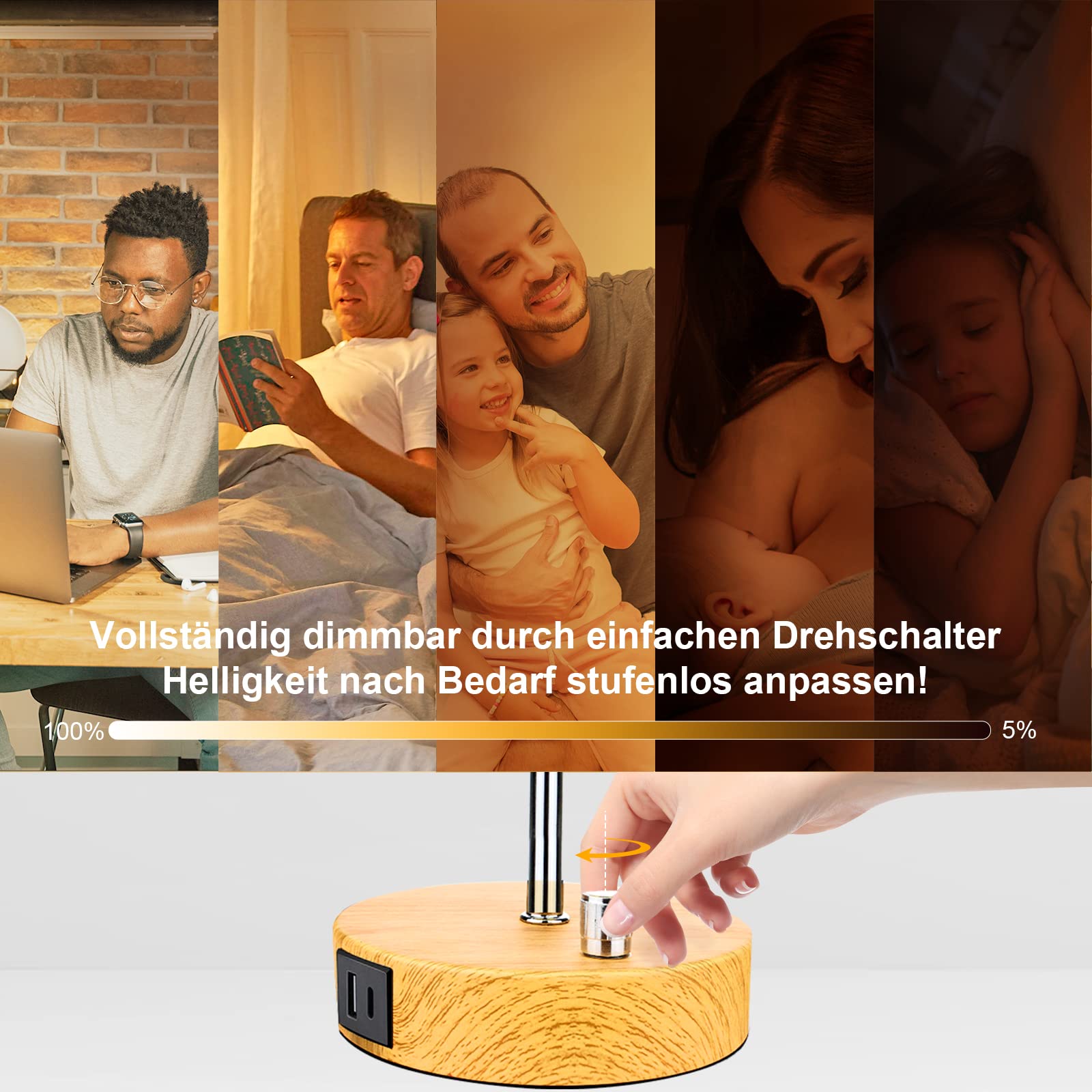 Lámpara de Mesa para Sala de Estar - Totalmente Regulable con Puerto USB, Diseño Moderno de Pantalla de Papel Kraft Amarillo para Dormitorio (Incluye Bombilla LED de 8W) | Lámpara de escritorio pequeña para mesita de noche con pantalla redonda para dormit