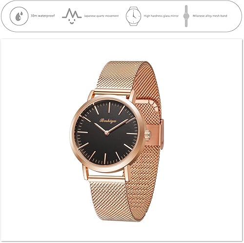 Miniatura 5 de BOSHIYA Relojes para mujer Easy Reader de 1.181 in de acero inoxidable con banda de expansión plateada dorada para mujer, reloj de pulsera pequeño