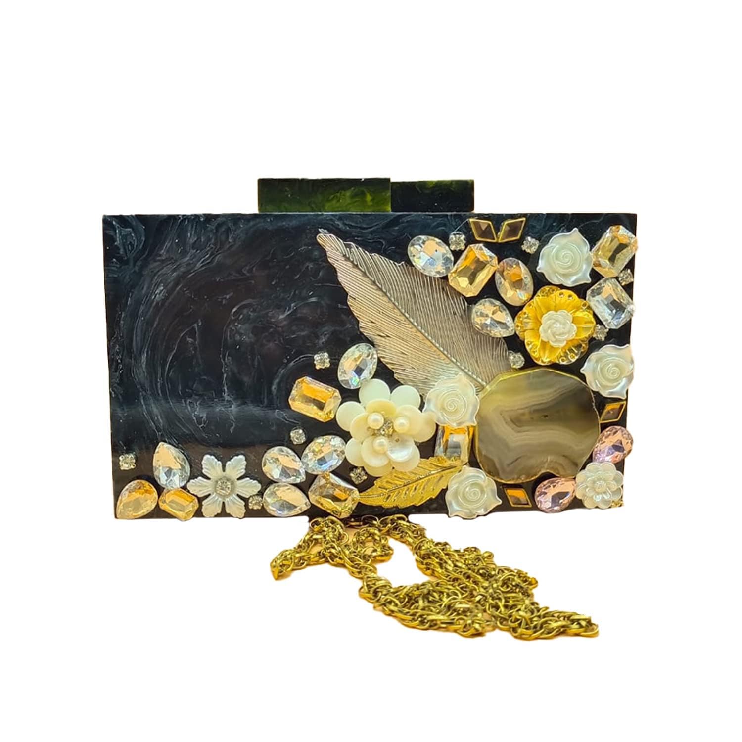 Clutch Bag Hand Bag Acrylic Clutches for Women Bridal Clutch for Wedding Celebrities Party Evening Marble Purse Floral Clutch For Women's & Girls (Black)-image-16