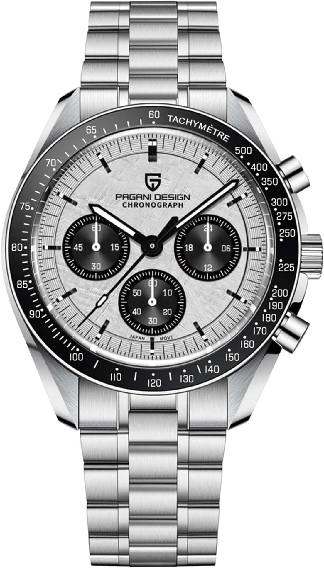 Pagani Design 1701 Men's Watch, Chronograph, VK63 Japanese Quartz Movement, Stainless Steel Bracelet, Water Resistant to 330 Feet (100 Meters), Sapphire Glass Wristwatch.