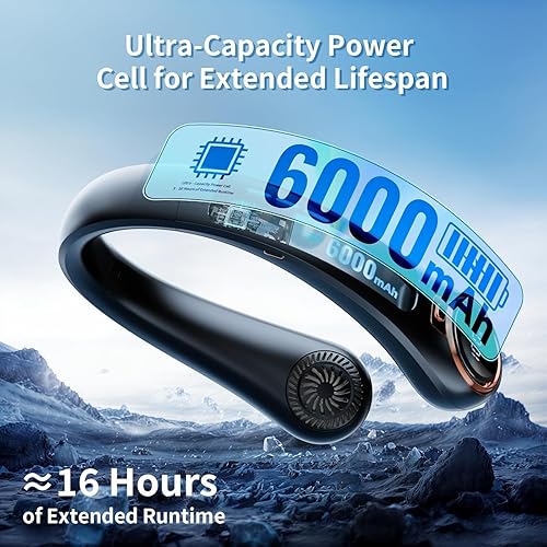 Miniatura 6 de Ventilador de cuello portátil con USB de 6000 mAh, batería recargable, pantalla LED de ventilador de cuello ultraligero sin aspas, ventilador