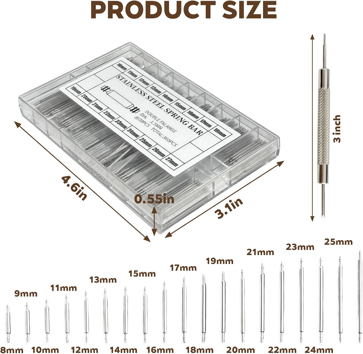 Chedin Watch Link Remover Kit with Spring Bar Tool and 360Pcs Watch Band Pins 8-25mm Lengths for Strap Adjustment and Repair