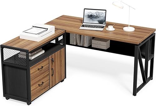 LITTLE TREE Escritorio ejecutivo para computadora de 55 pulgadas y archivador lateral, escritorio de oficina en forma de L para oficina en casa,