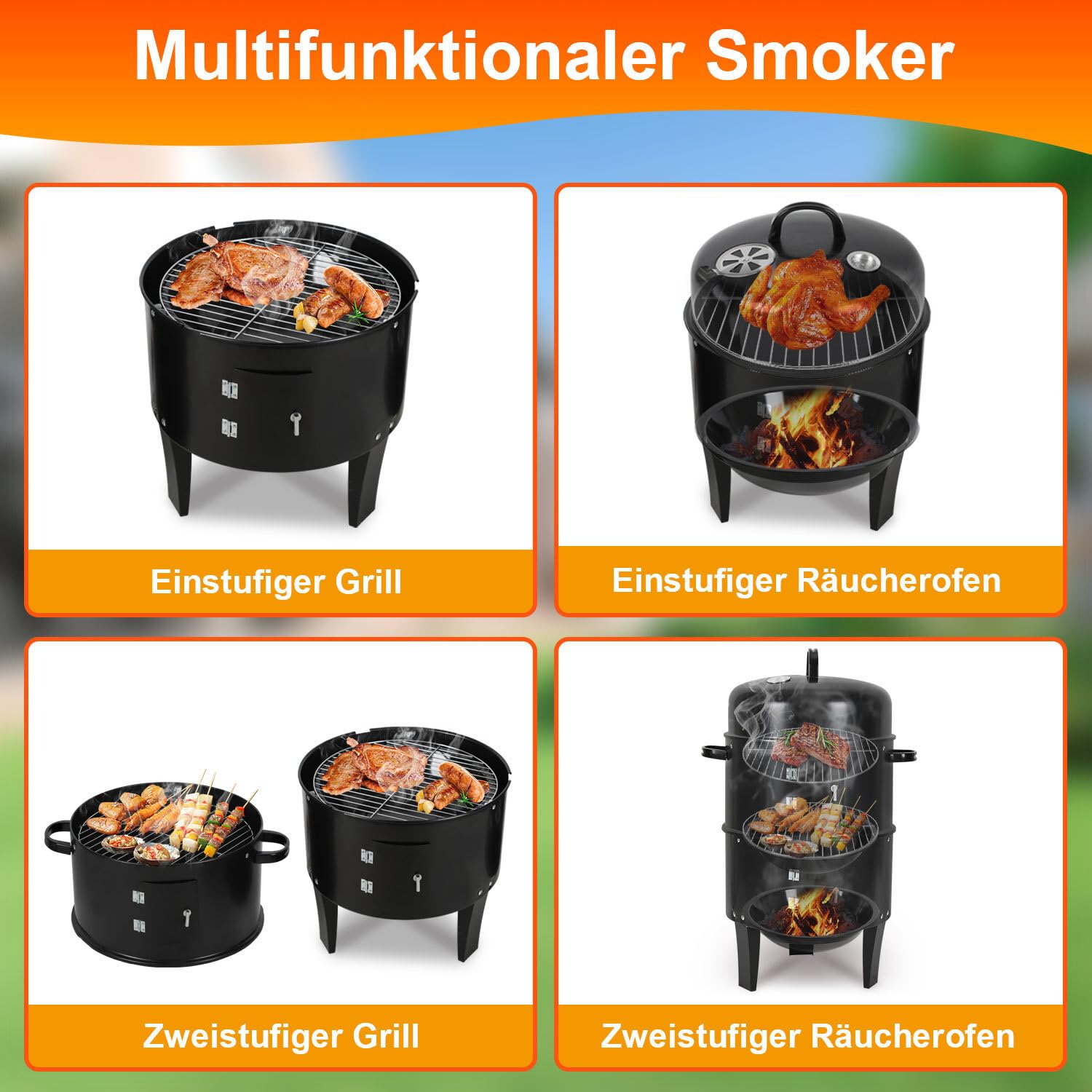 3 in 1 Räucherofen Smoker Grill mit Thermometer, Holzkohle Räuchertonne mit 2 Türen, 2 Ebenen & regulierbarer Lüftungsklappe, kompakter BBQ Holzkohlegrill für Garten, Balkon & Camping