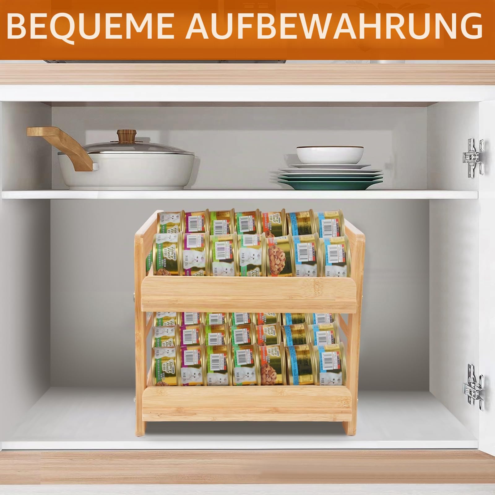 YeeBeny Katzenfutter-Organizer, Aufbewahrungsregal für Nassfutter für 48 Dosen mit einem Fassungsvermögen von 156 ml, zweilagig, rustikal/eleganter Stil, kleine Größe Haustier