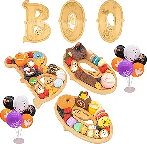 3PCS Wooden Halloween Decorations Letters Charcuterie Board Box-(with 14 Balloons) BOO Charcuterie Letters Fillable Food Halloween Party Supplies Halloween Party Table Decoration Food Tray Platter