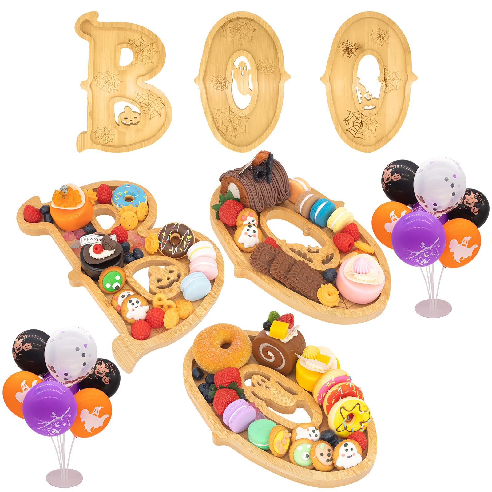 3PCS Wooden Halloween Charcuterie Board Set - Boo Letters (with 14 Balloons) - Halloween Party Table Decoration &amp; Food Tray Platter